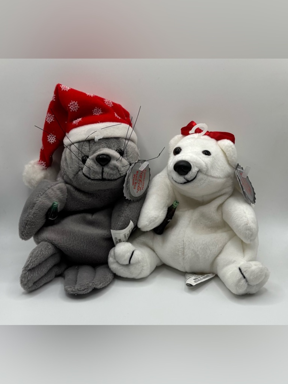 Vintage Exclusive 1997 Coca Cola Christmas Polar Bear + Seal Bean Bag Plush Lot